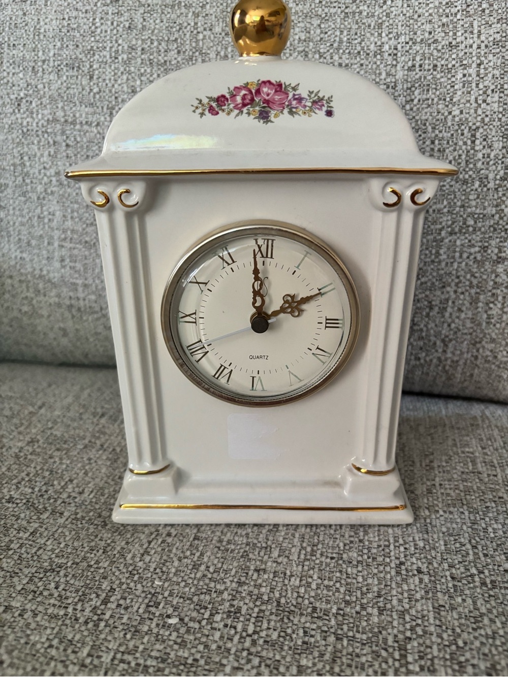 PS Classic White Ceramic Mantel Clock with Gold Accents